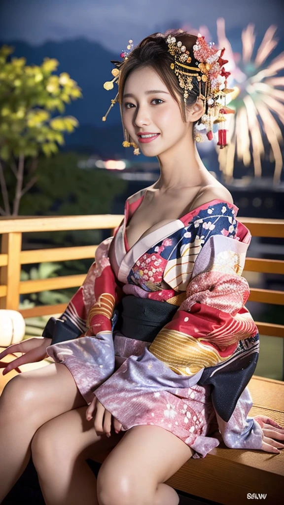 (8K、RAW Photosgraphy、Highest quality、masterpiece:1.2)、(Realistic、Realistic:1.37)、Ultra-high resolution、One Girl、cute、alone、night、Sitting、date、(Nose redness)、(Laughter:1.1)、(Closed)、Huge 、Beautiful Eyes、(short hair:1.2)、(((Fireworks bursting into the sky、night)))、(((kimono、yukata)))、Cleavage、Perfect body、Perfect Fingers、Professional Lighting、Japanese Goddess、gravure、Detailed face and skin texture、fine grain、RAW Photos