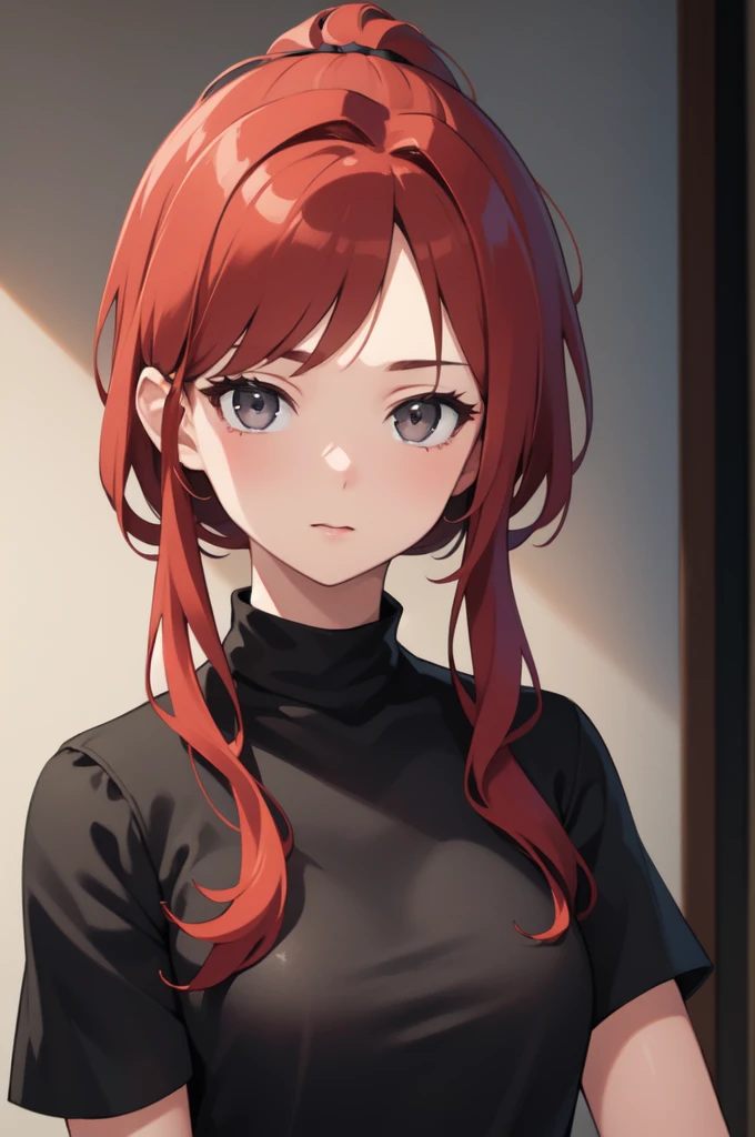 ((best quality)), ((masterpiece)), (detailed), high detail,masterpiece, 4K, best quality, red hair, ponytail, female, gray eyes, black clothes