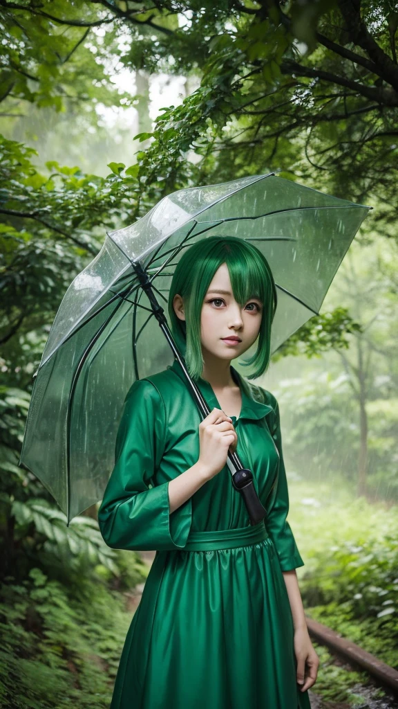 Green haired anime girl wearing a green dress,Pouring rain,Green umbrella,forest