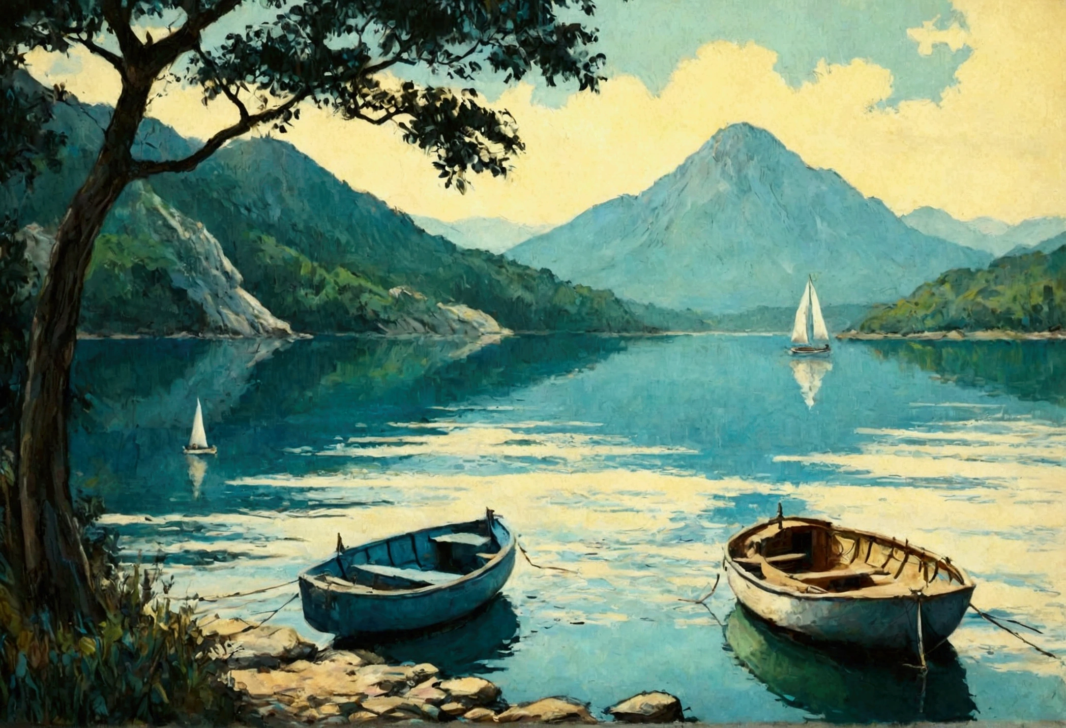 Sailing Boat , Sailing , Sea , Glass Wall Art , Canvas Wall Art, view of a sailings Boat on the waterside of a small lake mountain lake, award-winning, professional, highly detailed in, undefined,. Include vibrant pastel colors, sleek lines, and a retro summer atmosphere. The style should be reminiscent of vintage travel posters with a modern twist, modern art. 