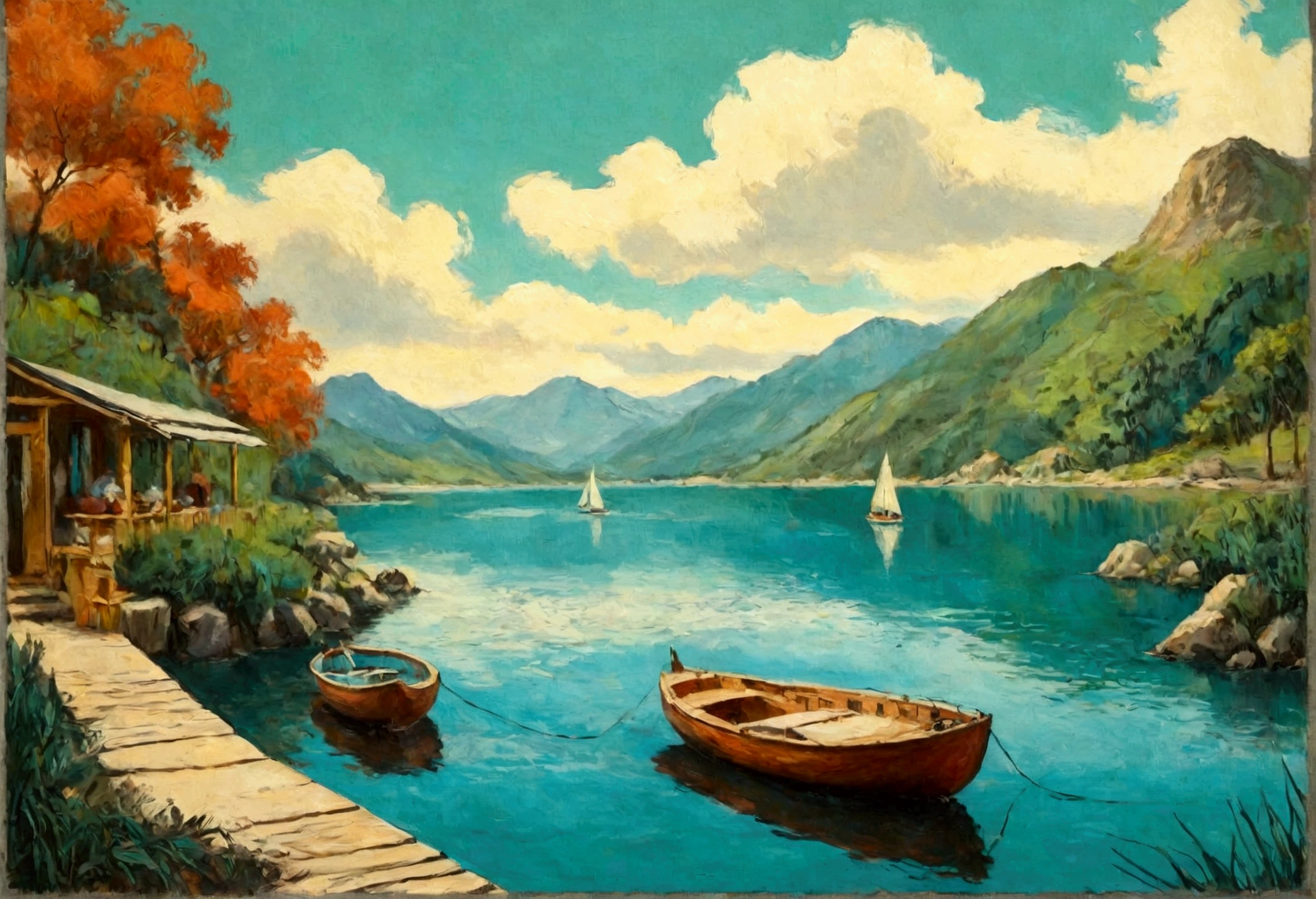 Sailing Boat , Sailing , Sea , Glass Wall Art , Canvas Wall Art, view of a sailings Boat on the waterside of a small lake mountain lake, award-winning, professional, highly detailed in, undefined,. Include vibrant pastel colors, sleek lines, and a retro summer atmosphere. The style should be reminiscent of vintage travel posters with a modern twist, modern art.