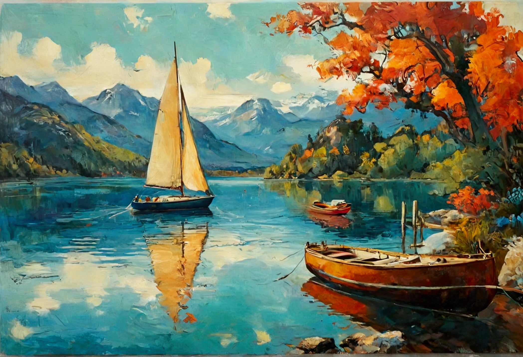 Sailing Boat , Sailing , Sea , Glass Wall Art , Canvas Wall Art, view of a sailings Boat on the waterside of a small lake mountain lake, award-winning, professional, highly detailed in, undefined,. Include vibrant pastel colors, sleek lines, and a retro summer atmosphere. The style should be reminiscent of vintage travel posters with a modern twist, modern art. 