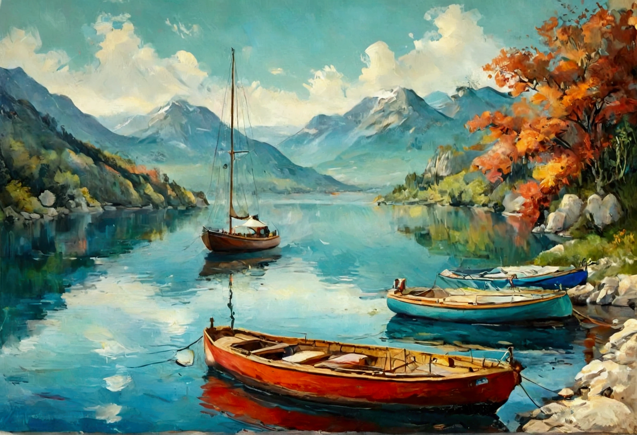 Sailing Boat , Sailing , Sea , Glass Wall Art , Canvas Wall Art, view of a sailings Boat on the waterside of a small lake mountain lake, award-winning, professional, highly detailed in, undefined,. Include vibrant pastel colors, sleek lines, and a retro summer atmosphere. The style should be reminiscent of vintage travel posters with a modern twist, modern art. 