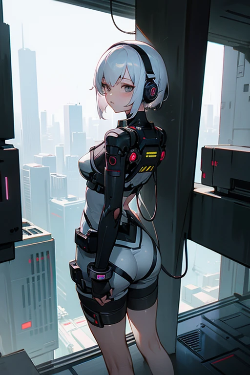 Asian、young woman、short and white hair、 cyber punk, With headphones, Provocative, defenseless, Butt Gray Eyes, View your viewers,Futuristic city building background
