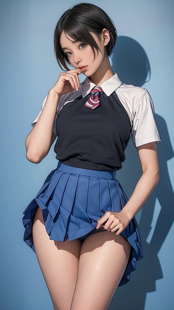 1 girl、A in uniform rolls up her skirt to show her sports pants、Black short hair、Cute like an idol、Embarrassed look、thin、small, Shapely breasts、Healthy Thighs、summer 、Pick up the blue pleated skirt and lift it up.、Red sports pants、Cowboy Shot、Anatomically correct、Accurate Fingers、Accurate Rimbuster Piece、Accurately drawn faces、Photographic reality、