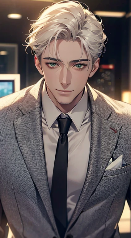 (Highest quality,4K,8K,High resolution,masterpiece:1.2),Super detailed,(Realistic,photoRealistic,photo-Realistic:1.37),1 person,34 years old,Mature Men,Beautiful skin、very handsome,Expressionless smile in love,Short white hair,green eyes,Sharp Eyes,A perfect face without a doubt,Businessman, CEO, Office Background,Cinema Lighting,HDR image,tie、