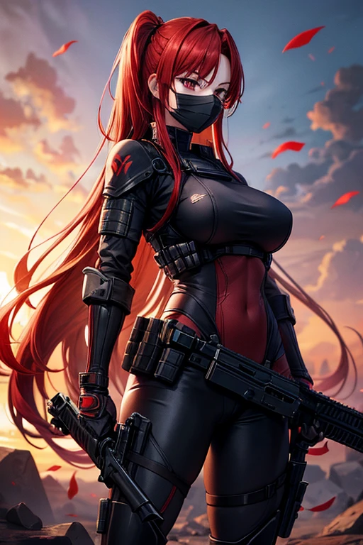 A redhead girl, red eyes, busty, firm thighs, beautiful body, Long hair, black combat suit, Black mask,2 katanas sheathed on his back and an assault rifle in his hands.
