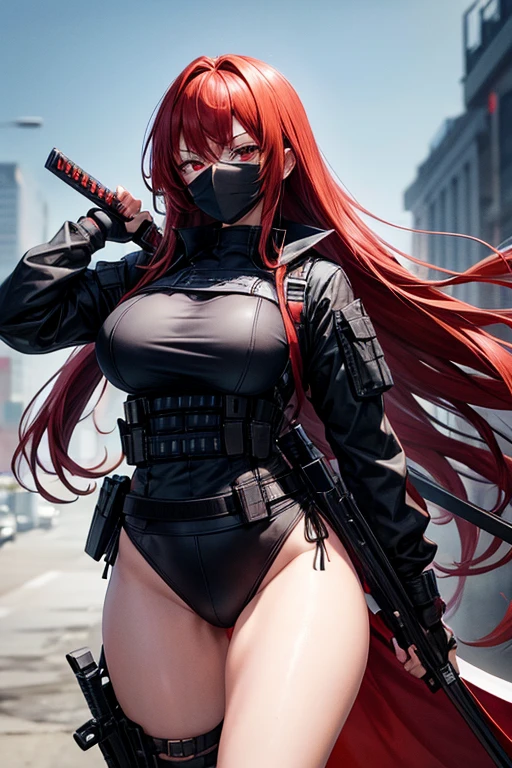 A redhead girl, red eyes, busty, firm thighs, beautiful body, Long hair, black combat suit, Black mask,2 katanas sheathed on his back and an assault rifle in his hands, He carries a short gun with magazines and two knives.