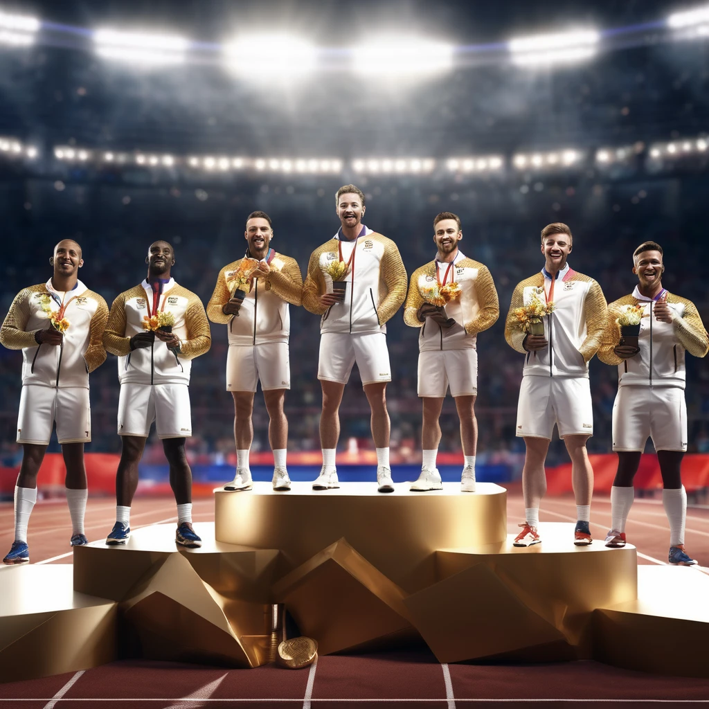a group of male olympic athletes on a podium receiving gold, silver and bronze medals, highly detailed, photorealistic, 8k, hyperrealistic, award ceremony, winners, sports, competition, audience, stadium, cheering crowd, dramatic lighting, cinematic composition, heroic, emotional, glorious