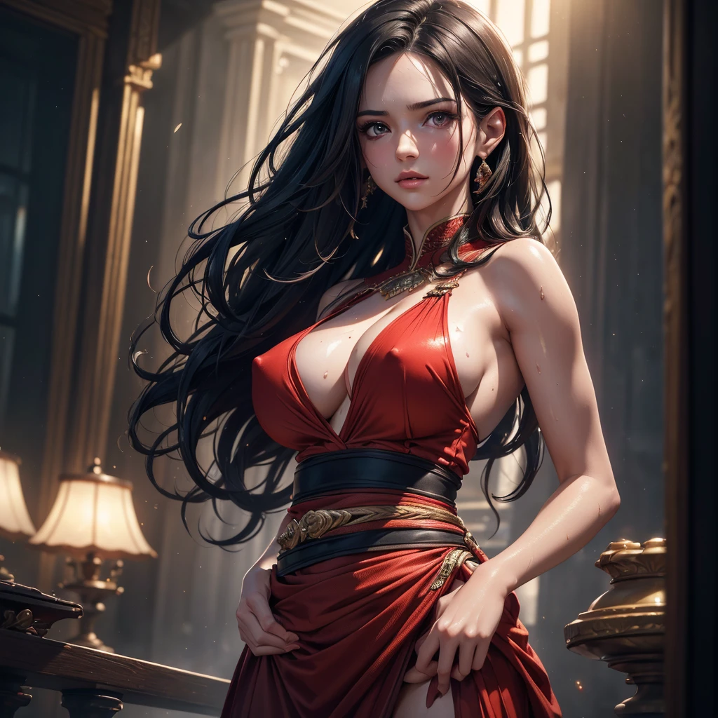 a beautiful hot and sexy ozbek princess, fitted red sharara, long wavy black hair, pale skin, entire body covered in glistening sweat, sweat dripping from armpits, large breasts visible, nipples visible, hand on waist, detailed facial features, (best quality,4k,8k,highres,masterpiece:1.2),ultra-detailed,(realistic,photorealistic,photo-realistic:1.37),HDR,UHD,studio lighting,ultra-fine painting,sharp focus,physically-based rendering,extreme detail description,professional,vivid colors,bokeh,portrait