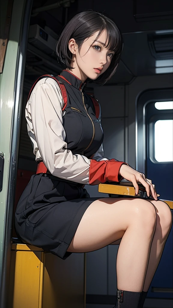 1 girl、Earth Federation Operator Girl Soldier、Black short hair、Idol-level cuteness、Childish face and appearance、Operator intercom mounted on head、Accurately drawn faces、thin、健康的なKnee-lengthスカート風の地球連邦軍制服、Knee-length、Inside the bridge of a battleship、Low angle shot、Anatomically correct、Accurate Fingers、Accurate Rimbuster Piece、Photorealization