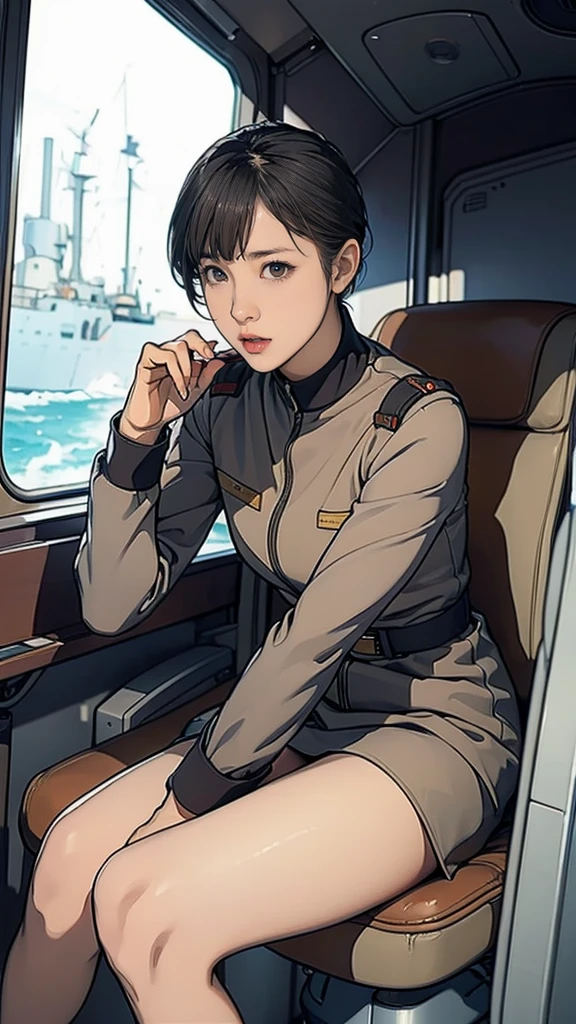 1 girl、Earth Federation Operator Girl Soldier、Black short hair、Idol-level cuteness、Childish face and appearance、Operator intercom mounted on head、Accurately drawn faces、thin、健康的なKnee-lengthスカート風の地球連邦軍制服、Knee-length、Inside the bridge of a battleship、Low angle shot、Anatomically correct、Accurate Fingers、Accurate Rimbuster Piece、Photorealization