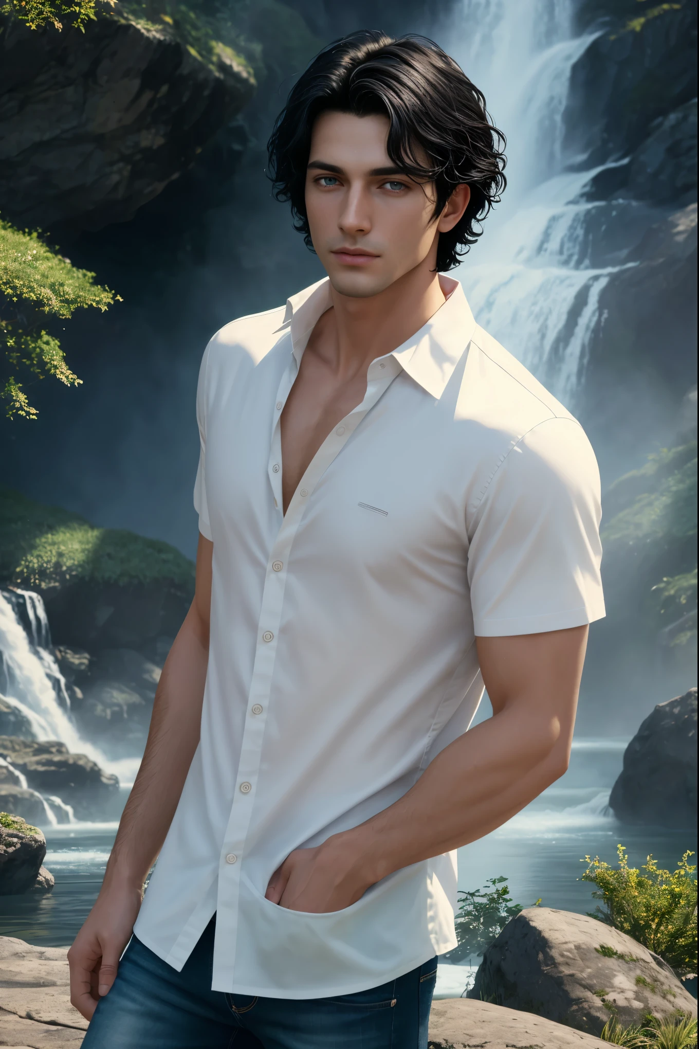 Masterpiece, A boy has short black hair and green eyes, 1boy, AS-Adult, short-haired, black hair, amazing physicality, white shirt and jeans, green eyes, wavy-hair, totally-clean-shave symmetrical face. Symmetrical, smooth, clean shave focus, illustration, realistic, artstation, award winning photography, octane render, cinematic lighting from the right, hyper realism, octane render, 8k, depth of field, 3D, backgound mountains and waterfalls