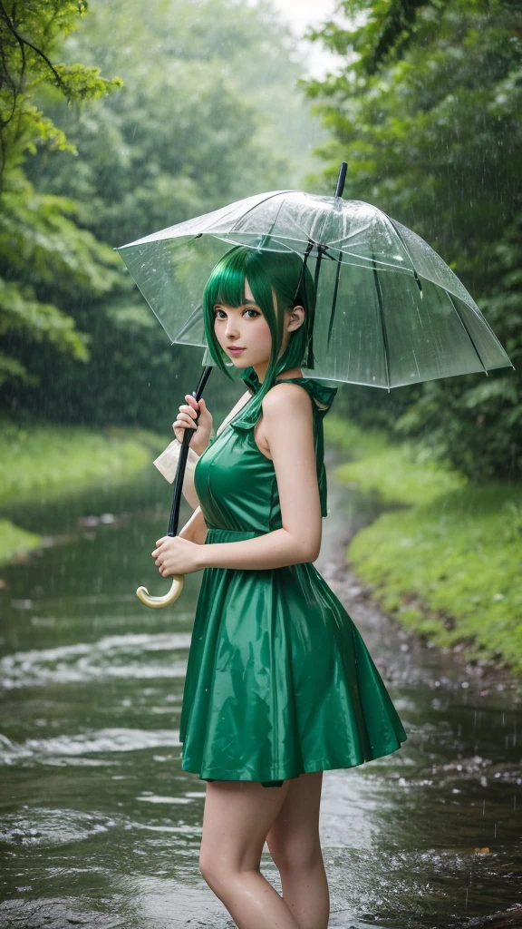 Green haired anime girl wearing a green dress,Holding a green umbrella in the pouring rain,forest