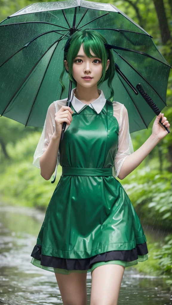 Green haired anime girl wearing a green dress,Holding a green umbrella in the pouring rain,forest