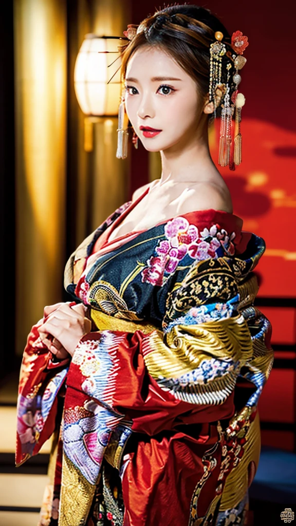 4K, masterpiece, High resolution, Confused,Natural volumetric lighting and great shadows, 笑face,deep i is written deep in the world,soft delicate beautiful attractive face, Beautiful Edge Courtesan_woman, a woman in a kimono posing for a picture ,Courtesan with perfect edge_face,Courtesan with perfect edge_body,edg oiran_Compensate,edg oiran_Hairstyle、Browsing Caution:1.5