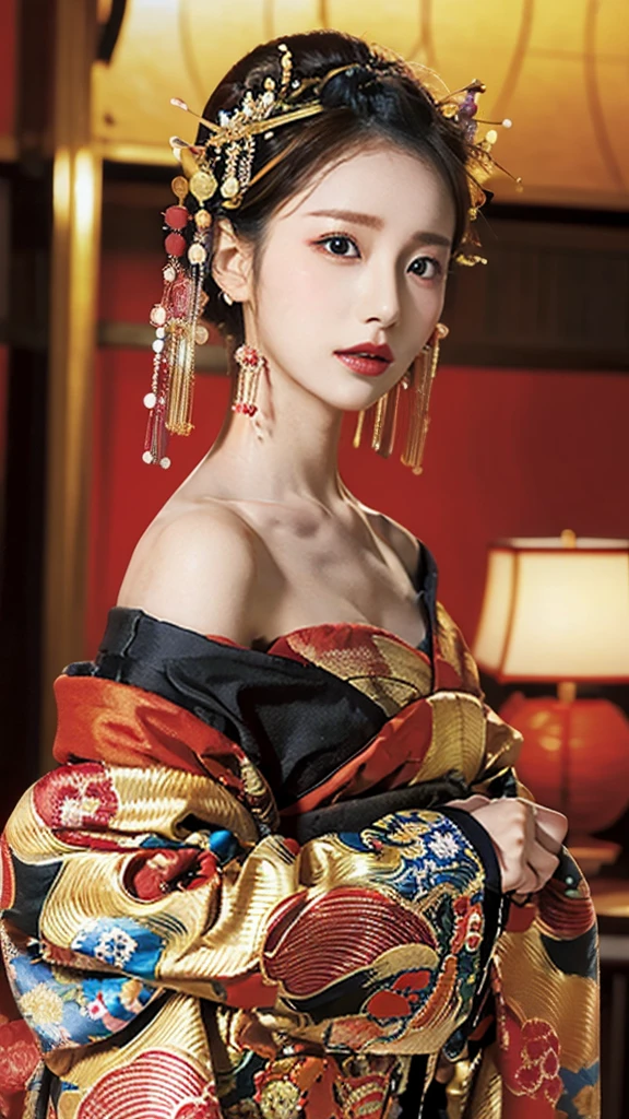 4K, masterpiece, High resolution, Confused,Natural volumetric lighting and great shadows, 笑face,deep i is written deep in the world,soft delicate beautiful attractive face, Beautiful Edge Courtesan_woman, a woman in a kimono posing for a picture ,Courtesan with perfect edge_face,Courtesan with perfect edge_body,edg oiran_Compensate,edg oiran_Hairstyle、Browsing Caution:1.5