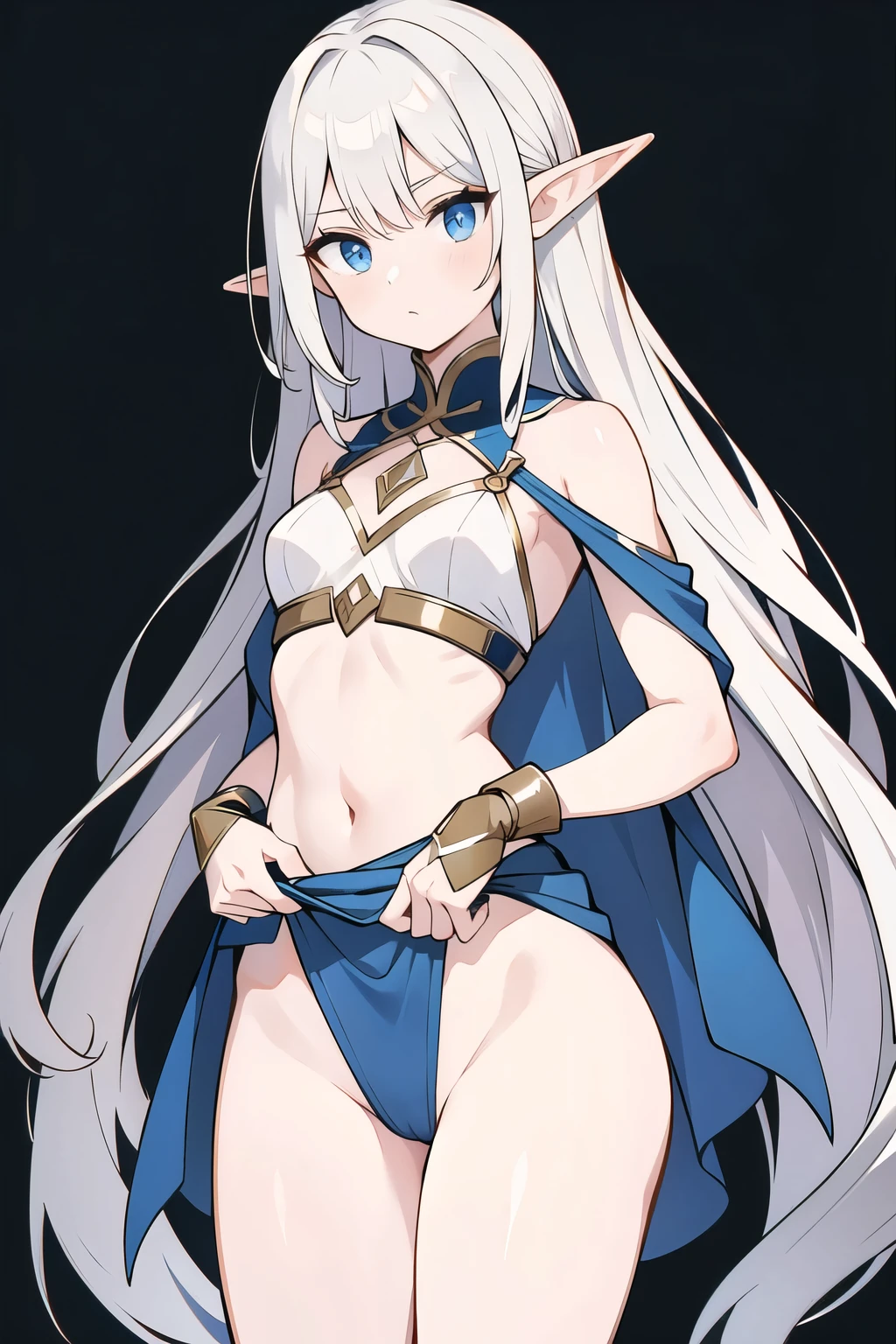 ((melhor qualidade)), ((obra de arte)), (detalhado), 1 garota, Long, straight hair, down to the waist, with a shiny silver color and a slight wave at the ends. Large, deep blue eyes, with vertical pupils. Pale skin with a slightly golden tone. Slender and athletic body, with an average height of 1.75m, subtle muscles, and an upright posture. Face High cheekbones and a firm chin, with slightly pointed ears. Elf, small breasts and small thighs