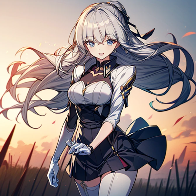 (full body),masterpiece, Highest quality, High resolution, One girl, alone, Grey Hair, Blue eyes, (sunfes，band uniform, No sleeve, White gloves, Pleated skirt, Knee-high boots), Cowboy Shot, Hands on hips, smile, Open your mouth, Outdoor，Thick thighs，(The skirt is blown up by the wind,),