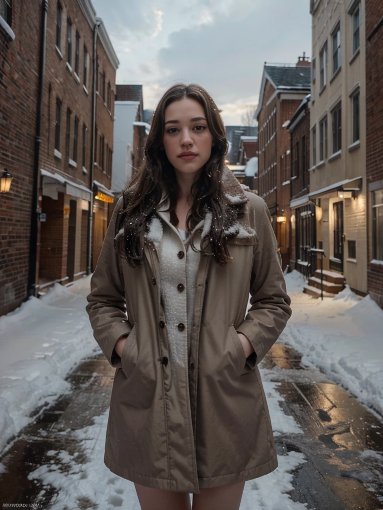 Kat Dennings with long brown hair, wearing a white winter coat, standing on a snowy street, (best quality,4k,8k,highres,masterpiece:1.2),ultra-detailed,(realistic,photorealistic,photo-realistic:1.37),beautiful detailed eyes,beautiful detailed lips,extremely detailed eyes and face,longeyelashes,winter landscape,snowfall,snow-covered street,brick buildings,overcast sky,atmospheric lighting