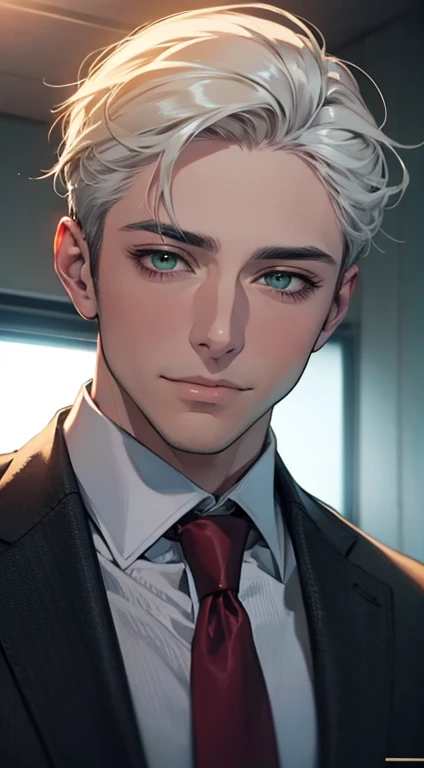 (Highest quality,4K,8K,High resolution,masterpiece:1.2),Super detailed,(Realistic,photoRealistic,photo-Realistic:1.37),1 person,34 years old,Mature Men,Beautiful skin、very handsome,Expressionless smile in love,Short white hair,green eyes,Sharp Eyes,A perfect face without a doubt,Businessman, CEO, Office Background,Cinema Lighting,HDR image,tie、