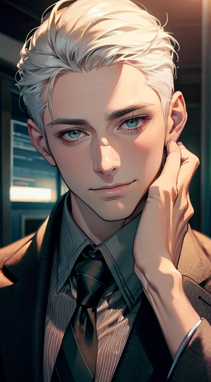 (Highest quality,4K,8K,High resolution,masterpiece:1.2),Super detailed,(Realistic,photoRealistic,photo-Realistic:1.37),1 person,34 years old,Mature Men,Beautiful skin、very handsome,Expressionless smile in love,Short white hair,green eyes,Sharp Eyes,A perfect face without a doubt,Businessman, CEO, Office Background,Cinema Lighting,HDR image,tie、