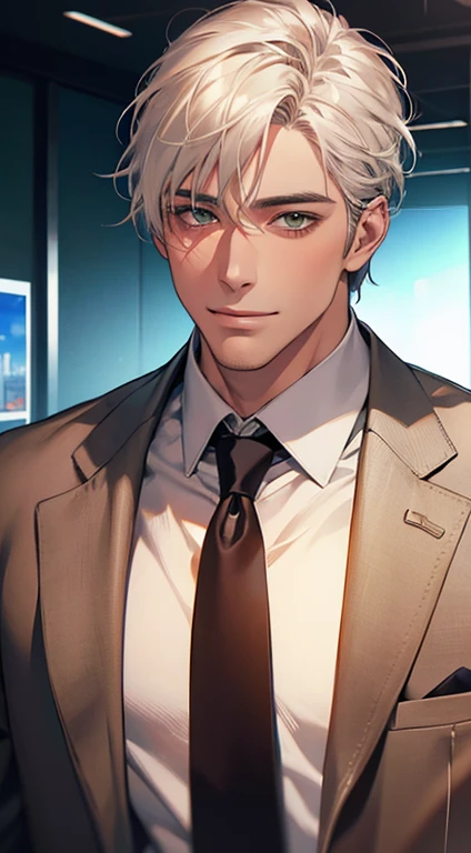 (Highest quality,4K,8K,High resolution,masterpiece:1.2),Super detailed,(Realistic,photoRealistic,photo-Realistic:1.37),1 person,34 years old,Mature Men,Beautiful skin、very handsome,Expressionless smile in love,Short white hair,green eyes,Sharp Eyes,A perfect face without a doubt,Businessman, CEO, Office Background,Cinema Lighting,HDR image,tie、