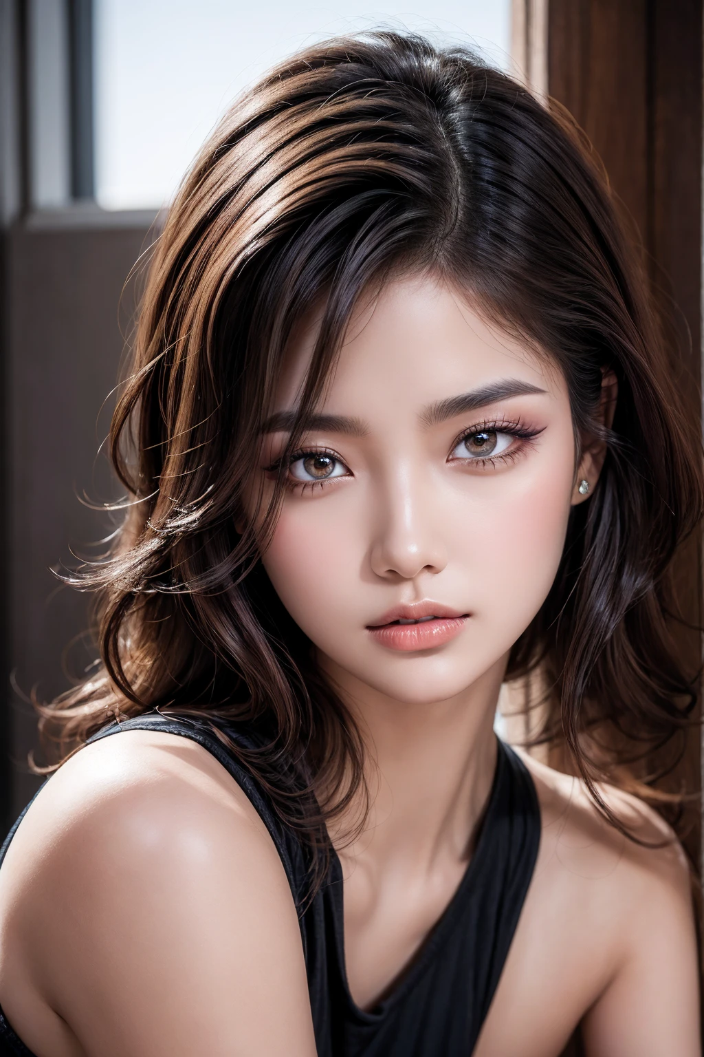 1 woman:1.4, 20-year-old, photorealistic Realism 8K Quality (Ultra high res Realistic eyes clear sharp absurd quality not blurry\.) [face,makeup:color][(eyes|brown:1.3), (lips|red:1.3):(eyeshadows|dark:1.3)],\ Makeup:1.2, (soft neon lighting on the face and body)),(perfect proportions),(anatomically correct),(perfect female body:1.4),(firm normal full breasts),slim face,beautiful cheekbones,((slim-muscled body:1.24)),(Super beautiful face),(realistic face),(highly detailed face:1.3),(ultra details eyes), finely details face,finely quality eyes,(tired and sleepy and satisfied:0.0) with a digital rendering) final details(perfect round eyes,pupils,double eyelid). (Proportions are based on a 7.5 head scale).