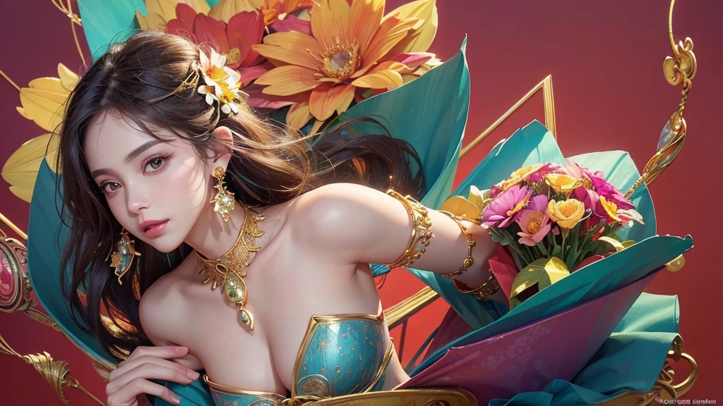 32K, 最高quality, 最高masterpiece, (ultra-Detailed Background, Detailed Background), High resolution, Super detailed, Very detailedな, One girl, (bouquet:1.3), (Tangled:1.2), (Geometric:1.2),(colorful),(masterpiece, quality, best quality, Official Art, Beautiful and beautiful:1.2), (1 girl:1.3), Very detailed,(colorful:1.1)(Flowers:1.3),Most detailed,(Tangled:1.2), whole body, (Abstract background:1.3), (Skin glows), (Many colors:1.4), ,(Earrings Jewelry:1.5), Pale Red Background,