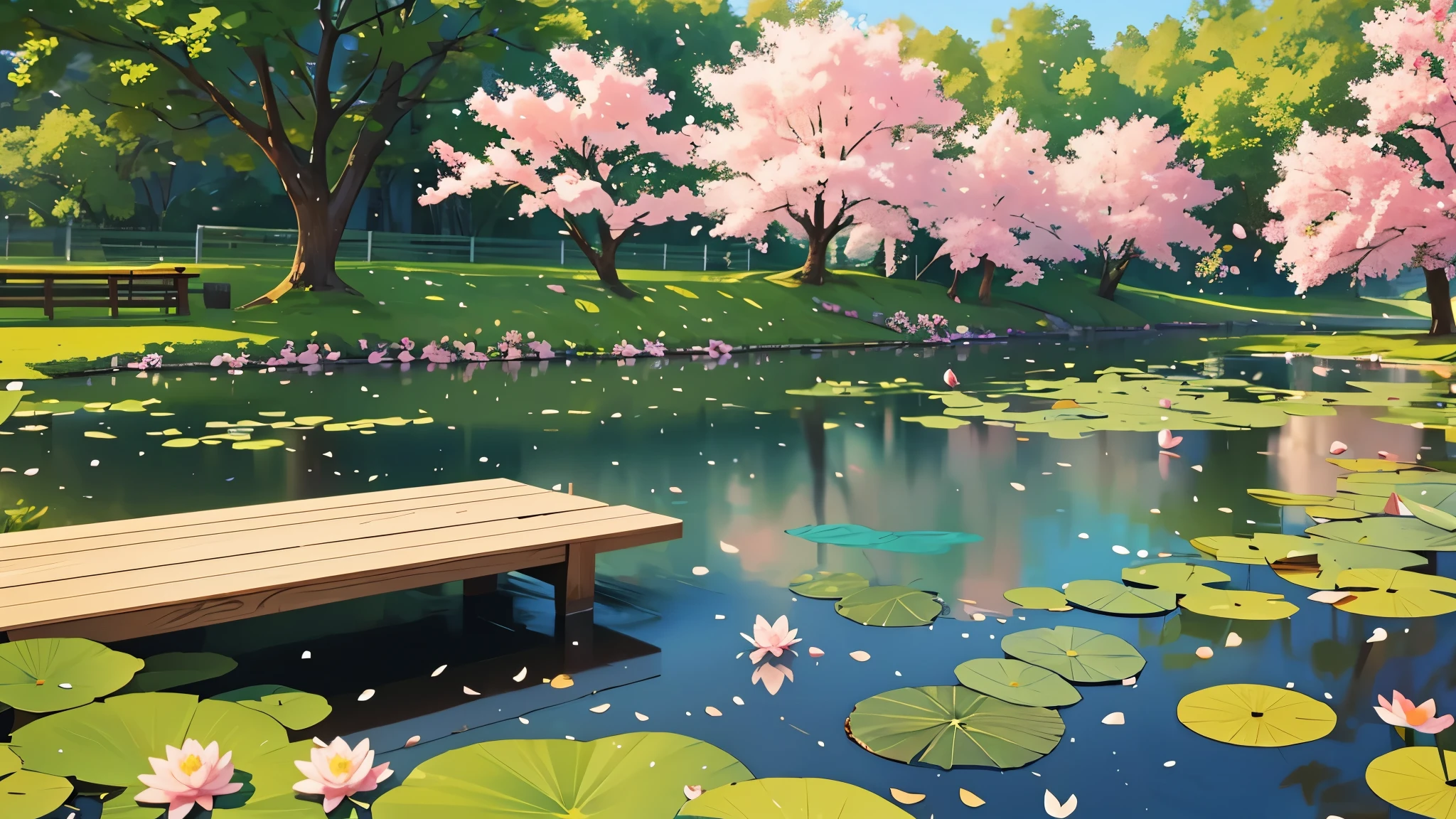 Bench near the pond, ducks on the water, lotuses and sakura petals