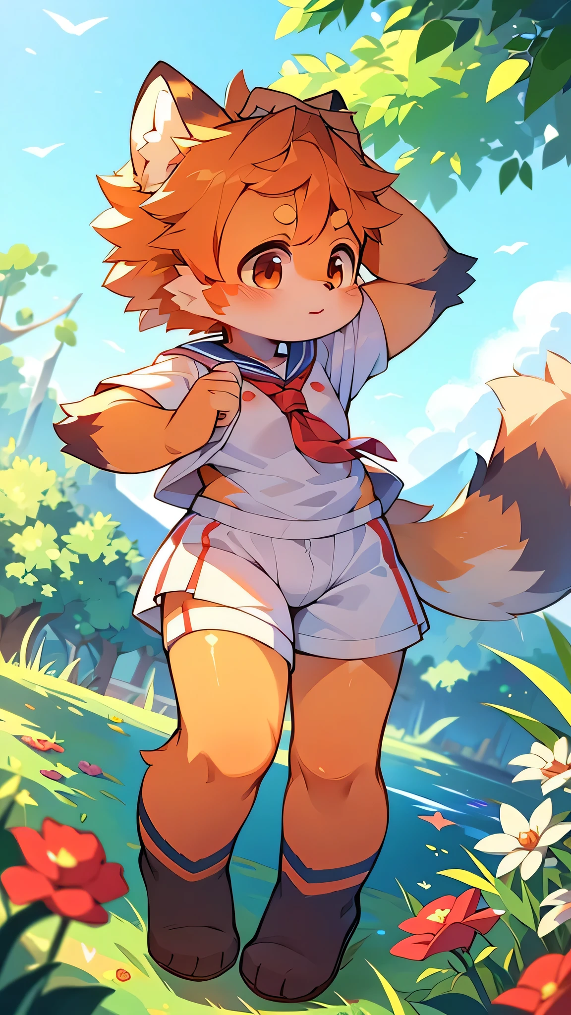 Red Panda,Girl,Characteristics of Sailor Suits,super high quality,Very detailed,High resolution,Cute art style in anime,Rice field scenery,(Cheerful teenager,13 years old:1.3),alone,single,Woman with beautiful face,Tall