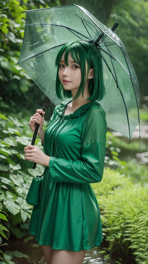 Green haired anime girl wearing a green dress,Pouring rain,
