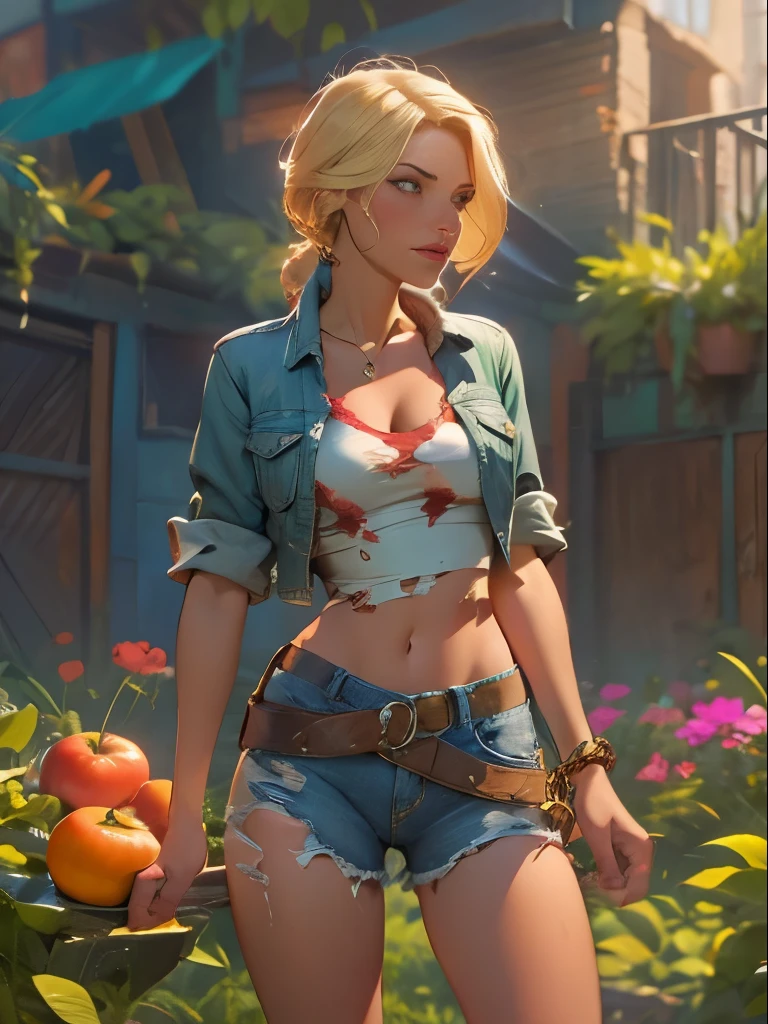 2076 year. The Urban Ruins of the Wasteland, Female huntress picking fruit in the garden, beautiful face, blonde, badly torn shirt and denim shorts ,  long legs, sweating through, sun rising, Nice warm colors, head to toe, full body shot, pretty hands, perfect fingers,