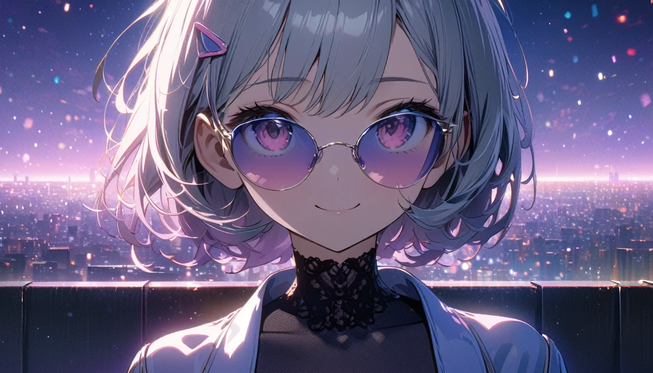 one girl, silver short hair and bob hair、I tied my hair in a bun with a hair clip..、beautiful pink eyes、smile、gentle smile on her face、flat chest, one Beautiful girl,((masterpiece, illustration, best quality) ((ultra-detailed))\, a girl wearing sunglasses (sunglasses), Behind is the cityscape in the evening. There are twinkling lights of the city amidst the blue, blue, and purple sky. Cool girls stand on high balconies or bridges. Looking out at the city with a confident and calm expression. The colors of the picture emphasize the dramatic tone. close up to the face 濃い青とBeautiful Blueのグラデーション, High resolution, 8K HD detail, hyper-detail, cinematic, surrealism, soft light, deep field focus bokeh, ray tracing and surrealism. --v6