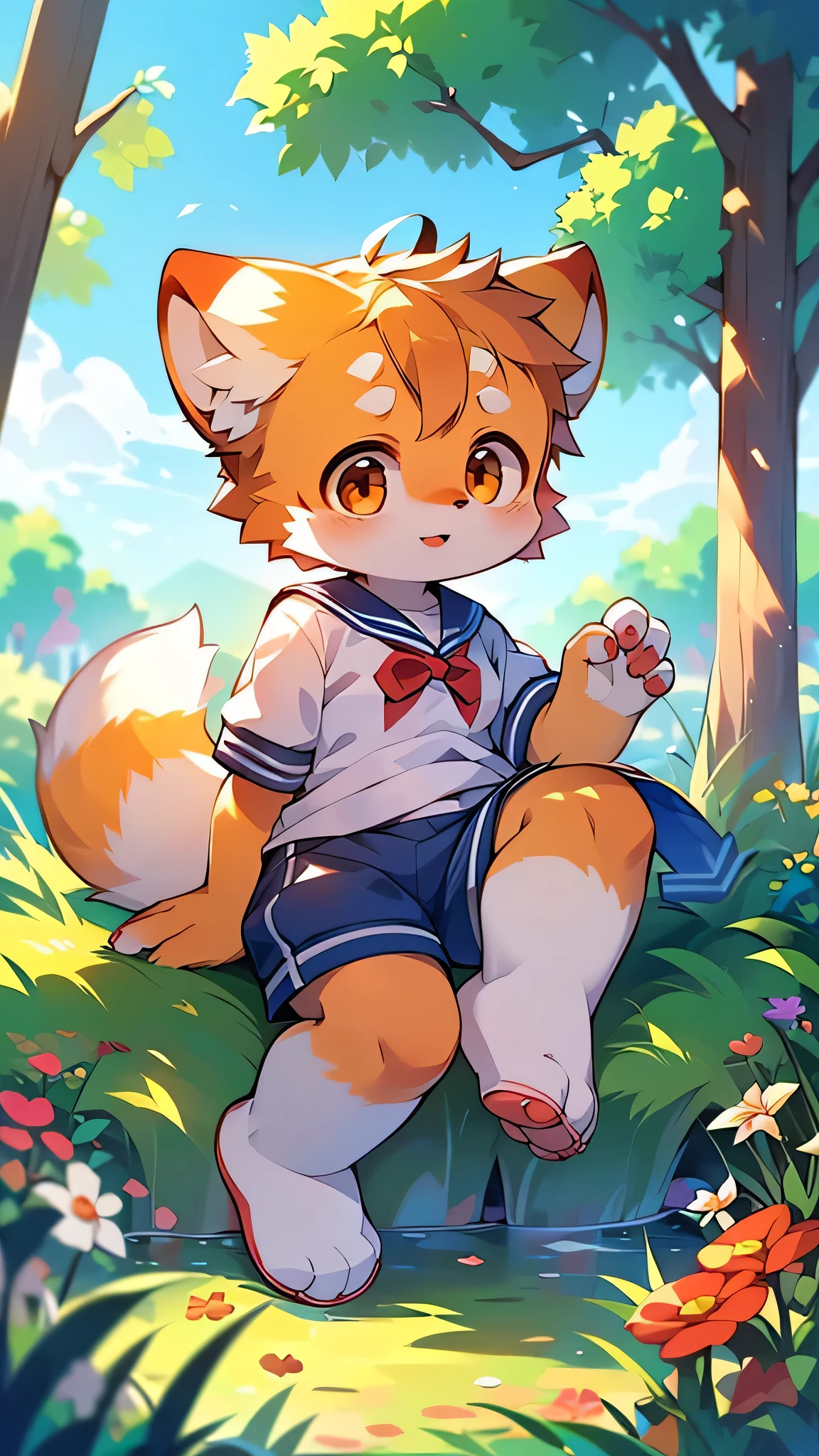 Red Panda,Girl,Characteristics of Sailor Suits,super high quality,Very detailed,High resolution,Cute art style in anime,Rice field scenery,(Cheerful ager,13 y),alone,single,Woman with beautiful face,