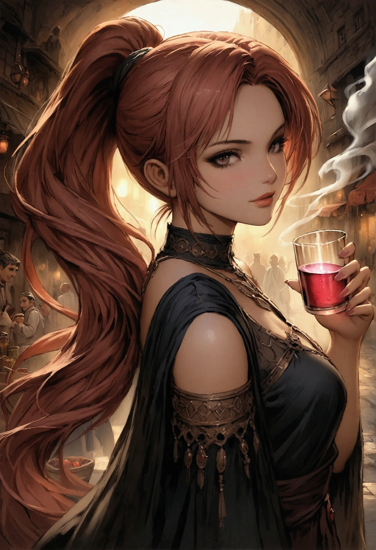 By Alan Paterson inspired by Luis Royo, Pino Daeni, Wadim Kashin, Gil Elvgrin, and Jorge Jimenez. Portrait front view of a girl standing in a mystical marketplace, with red hair in a flowing ponytail, in a dynamic pose, she is holding a glass of bubbling potion out to the viewer, in the background are busy vendors, and magical light and smoke from the various market stalls. trending on artstation, sharp focus, studio photo, intricate details, highly detailed,