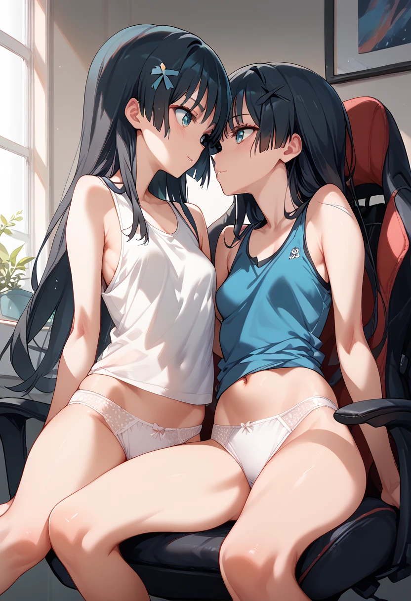 masterpiece,High resolution,Highest quality,8k
(Saten Ruiko)(14-year-old female,Long Black Hair,Small breasts,Slim body,Hairpin)
(Tank top,White panties)room,Sit in a gaming chair,Touching the groin