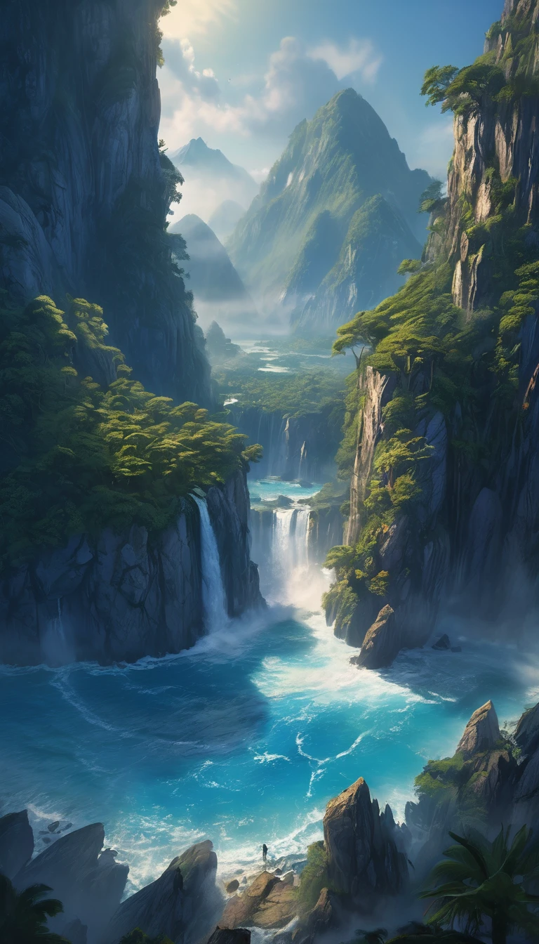 (masterpiece, best quality:1.2), (masterpiece, best quality:1.2), landscape, Aerial perspective, Tropical mountains, landscape indigo accent, myth, Movie,detailed, atmosphere,Backlight,epic, Movie, Concept Art, Painted landscapes, Beautiful scenery, Realistic lighting, masterpiece, high quality, Beautiful graphics, High Detail, ultra detailed, Movie lighting, High Dynamic Range, illustration,
