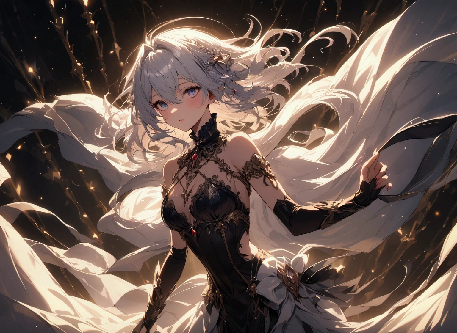 A dark witch with thick lips, star-like mouth, purple red lips, illuminated purple eyes, white hair, long hair, elf ears, long white cape, black lower parts, black gloves, high open collar with black button, cleavage, belly showing, big ass, (((dark wizard setting with floating books, low light and leaks))), {extremely detailed 16k CG unit wallpaper}, expansive landscape photography, (a low-focus view on character and setting), (wide open field view), (low angle shot), (high light: 1.2), (low light: 1.6), (warm light source: 1.2), complex details, (colors iridescent: 1.5), (bright lighting), (atmospheric lighting), dreamy, unique,