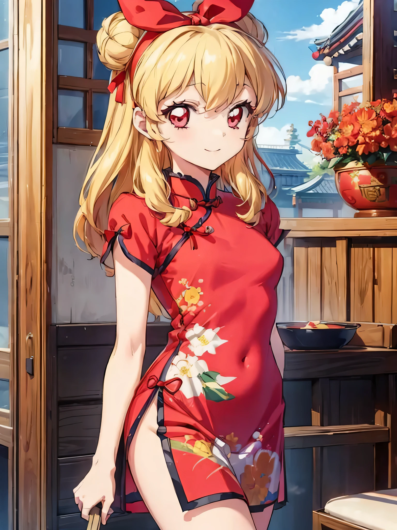(RED Ribbon on HAIRband:1.2),an anime character wearing white shorts and white hair standing next to a painting, 1girl, double bun, solo, hair bun, chinese clothes, long hair, smile, Blonde hair, RED eyes, shampoo (ranma 1/2)Style, looking at viewer, dress,Shampoo Ranma,Ichigo Hoshimiya (Aikatsu!),china dress