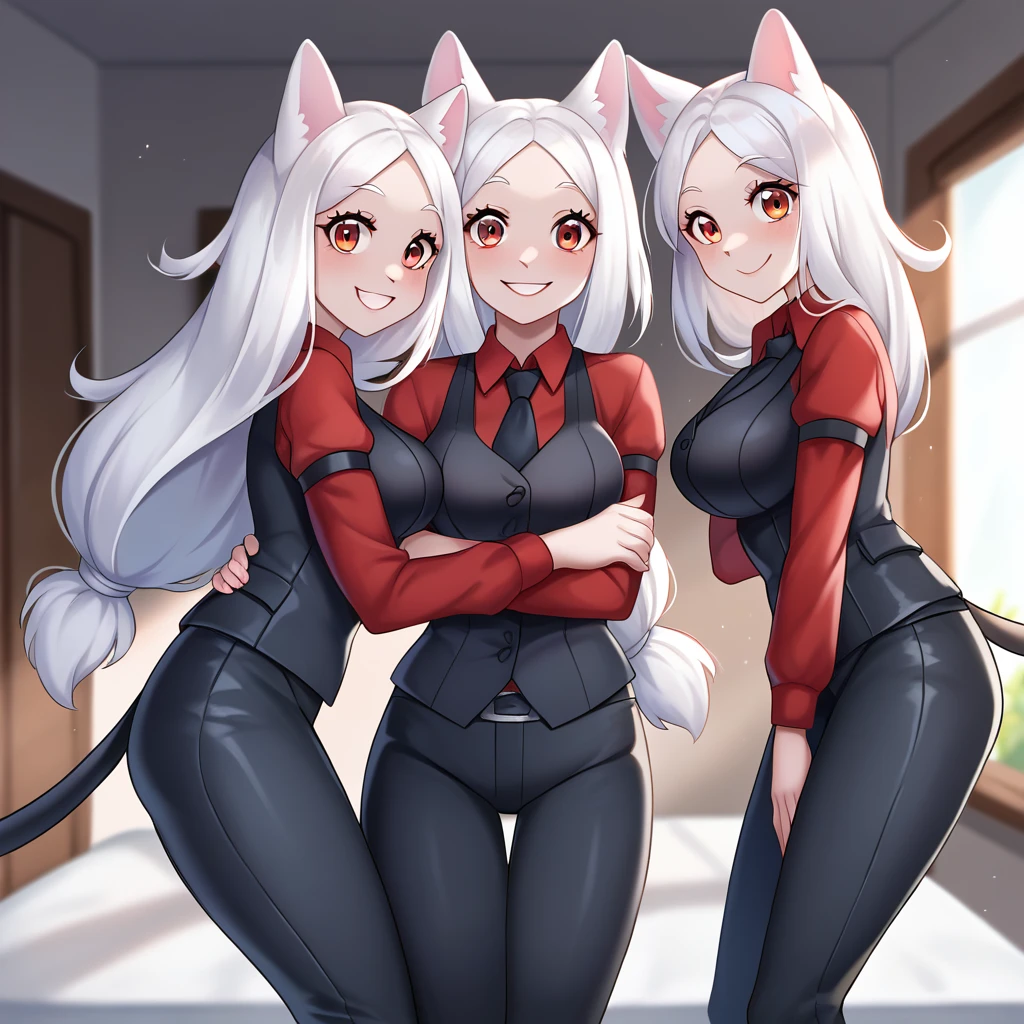 score_9, score_8_up, score_7_up, score_6_up, score_5_up, score_4_up, rating_explicit, source_furry, female, cute anthro female, cute face, detailed background, looking at viewer, 3girls, multiple girls, (digital pen line-art, soft lines, soft shading, pinup, cartoon, anime:1.2), black suit-vest, red shirt, busty, smile, black suit pants, room, cerberus \(helltaker\), long white hair, red eyes, dog, white fur,