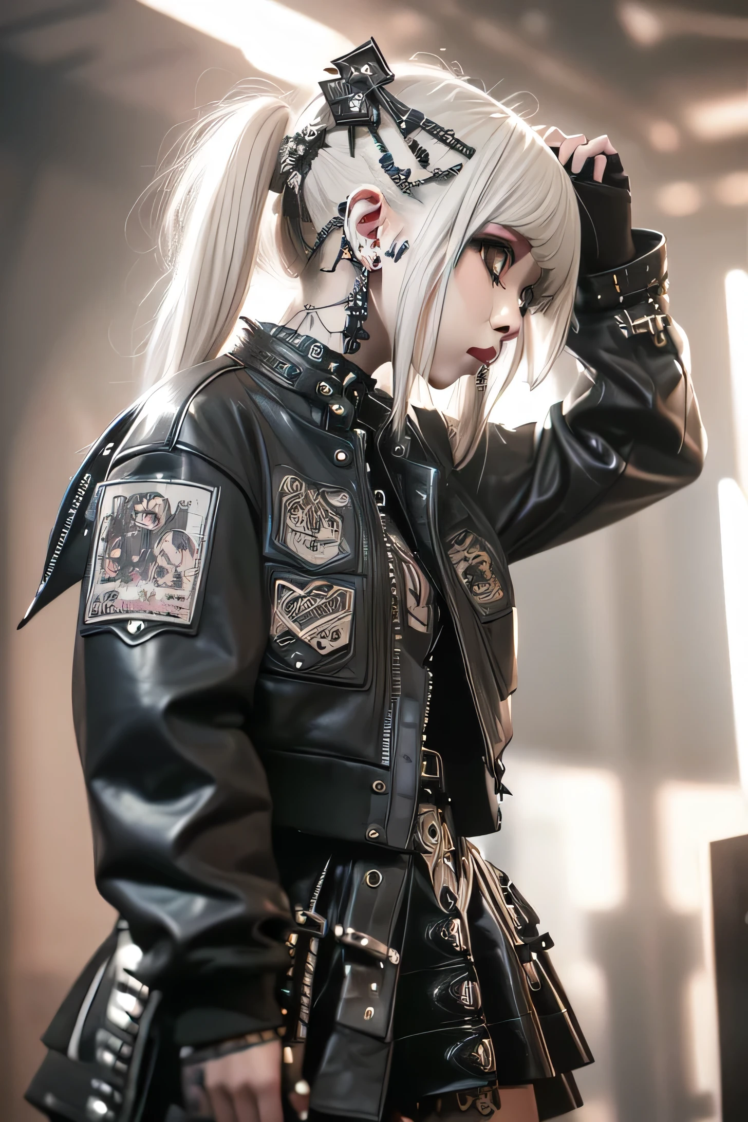 Wearing a punk leather jacket, leather trousers, beautiful woman, blonde pigtails, big beautiful eyes, big eyelashes, heavy make-up, musical notes and staves around her.