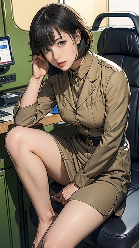 13-year-old girl、Earth Federation Operator Girl Soldier、Black short hair、Idol-level cuteness、Childish face and appearance、Operator intercom mounted on head、Accurately drawn faces、thin、健康的なKnee-lengthスカート風の地球連邦軍制服、Knee-length、Inside the bridge of a battleship、Low angle shot、Anatomically correct、Accurate Fingers、Accurate Rimbuster Piece、Photorealization