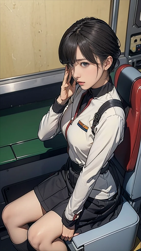 13-year-old girl、Earth Federation Operator Girl Soldier、Black short hair、Idol-level cuteness、Childish face and appearance、Operator intercom mounted on head、Accurately drawn faces、thin、健康的なKnee-lengthスカート風の地球連邦軍制服、Knee-length、Inside the bridge of a battleship、Low angle shot、Anatomically correct、Accurate Fingers、Accurate Rimbuster Piece、Photorealization