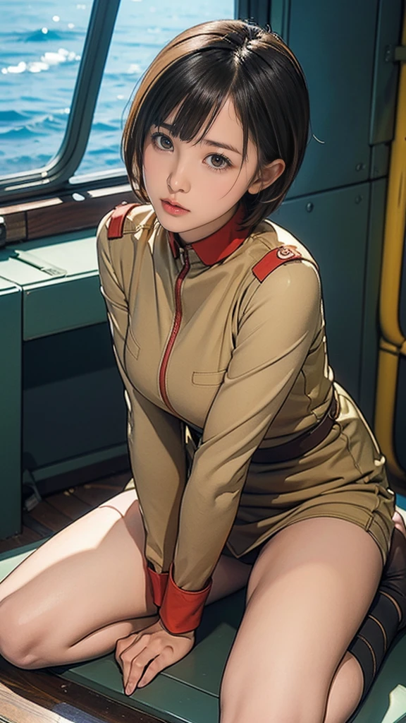 ****************、Earth Federation Operator Girl Soldier、Black short hair、Idol-level cuteness、Childish face and appearance、Operator intercom mounted on head、Accurately drawn faces、thin、健康的なKnee-lengthスカート風の地球連邦軍制服、Knee-length、Inside the bridge of a battleship、Low angle shot、Anatomically correct、Accurate Fingers、Accurate Rimbuster Piece、Photorealization