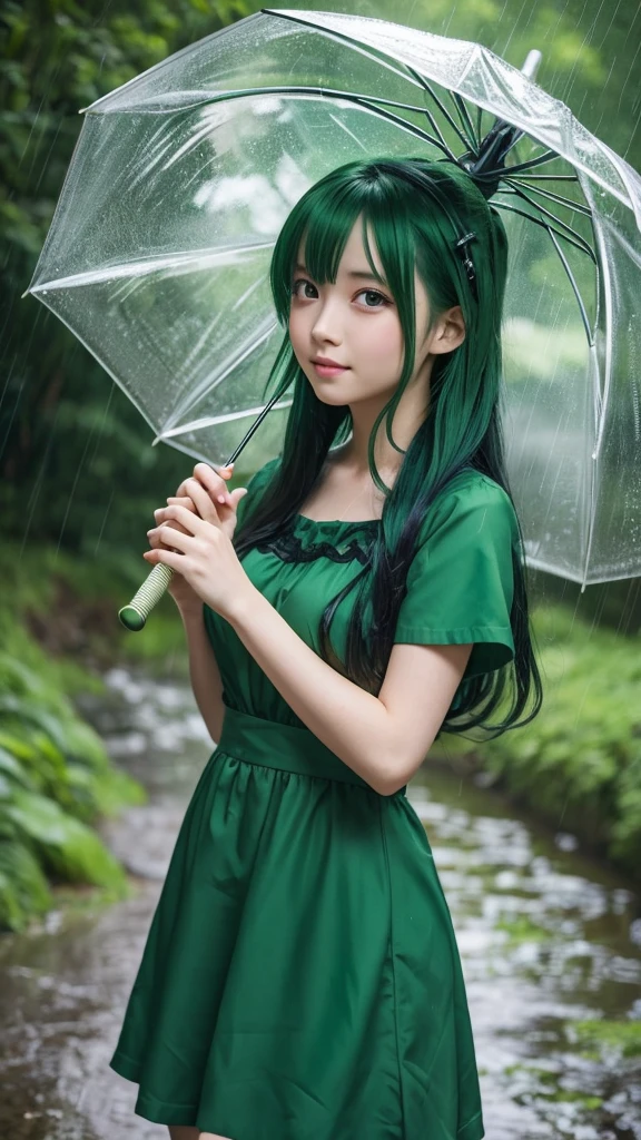 Green haired anime girl wearing a green dress,Pouring rain,Green umbrella,forest