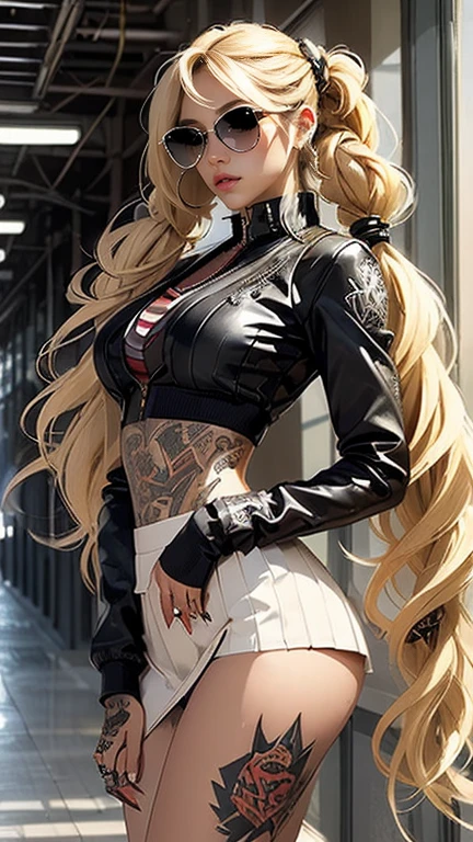 (((of the highest quality: 1.4))),(incomparable masterpiece ever), (ultra high definition),(Ultra-realistic 8k CG), Official Art、 (((adult body))), (((1 girl in))), (((pink hair, very long hair, twintails, hair bun, double bun, parted bangs, ))), Punk girl with a perfect body, Jacket with metal spikes. Beautiful and well-groomed face., jk skirt, jk shirt, jk tie. background of school hallway. strong pose. (( Many poisonous tattoos )), piercings, sunglasses, curvy, busty, sexy, underboob, thigh high stripey socks, badass lady