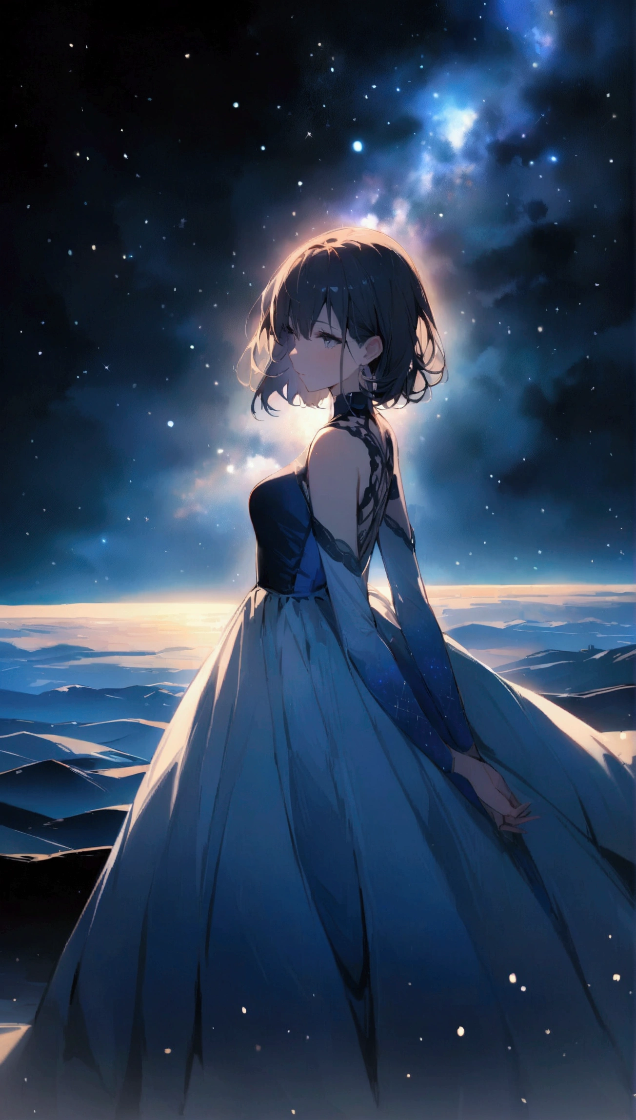 , night, , 綺麗なnight空, Plains, Calm feeling, space, The moonlight illuminates the world, masterpiece,