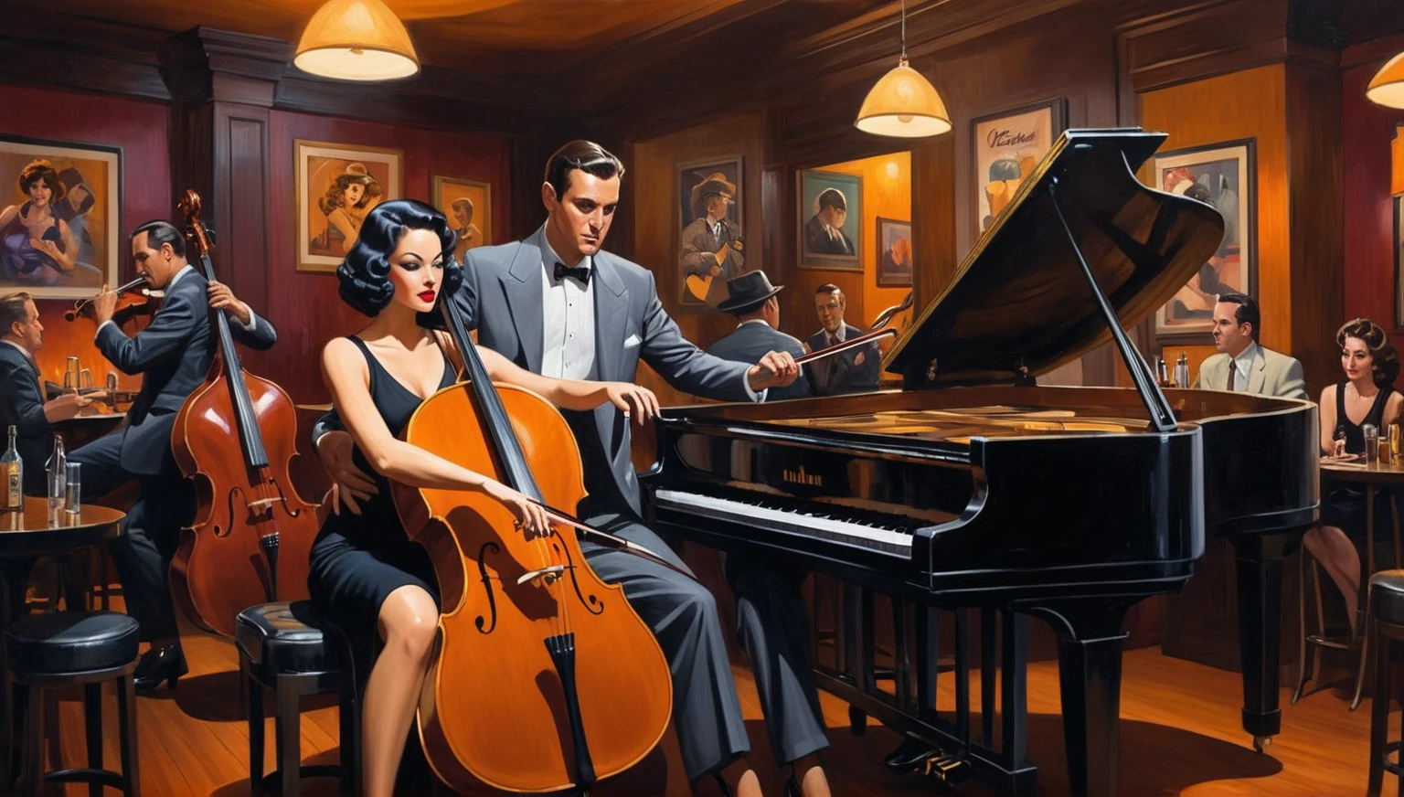 A painting of a man and woman playing cello and piano in a bar, inspired by Art Frahm, film noir jazz bar, inspired by f.. scott hess, inspired by f. scott hess, By John La Gatta, John Alexander, Jason Edmiston, inspired by Vincent Lefevre, by Fred Mitchell, by Art Frahm, by Bob Ringwood