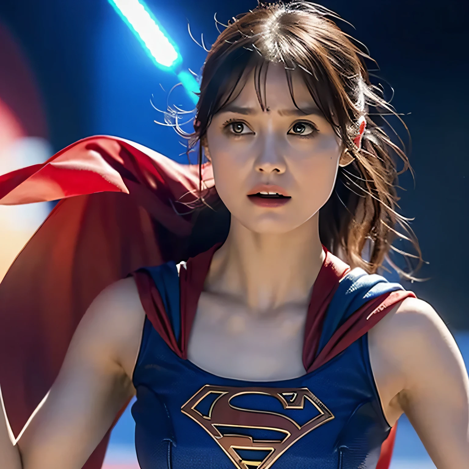 Supergirl, Beautiful Supergirl, 29 years old, Height : 152 CM, Supergirl In a smackdown arena, midday, supergirl tanktop costume, hair tied, hair bangs, Supergirl was sweating profusely, Supergirl had wet sweat on her chest, Supergirl had wet sweat on her head, Supergirl is shocked, Supergirl looks up, Supergirl looks scared, Supergirl screamed in pain, supergirl defeated, supergirl tanktop costume is torn, Supergirl is seriously injured, Supergirl cried, supergirl in peril, Supergirl height: 152 CM, Supergirl body